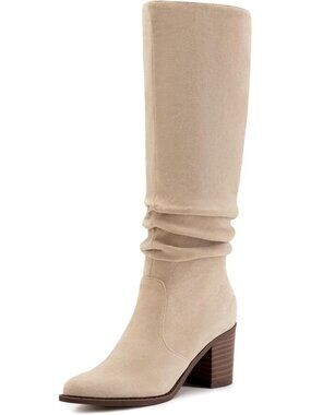 Women Knee High Boot Chunky Heel Faux Suede Square Toe Boots Pointed Toe Apricot